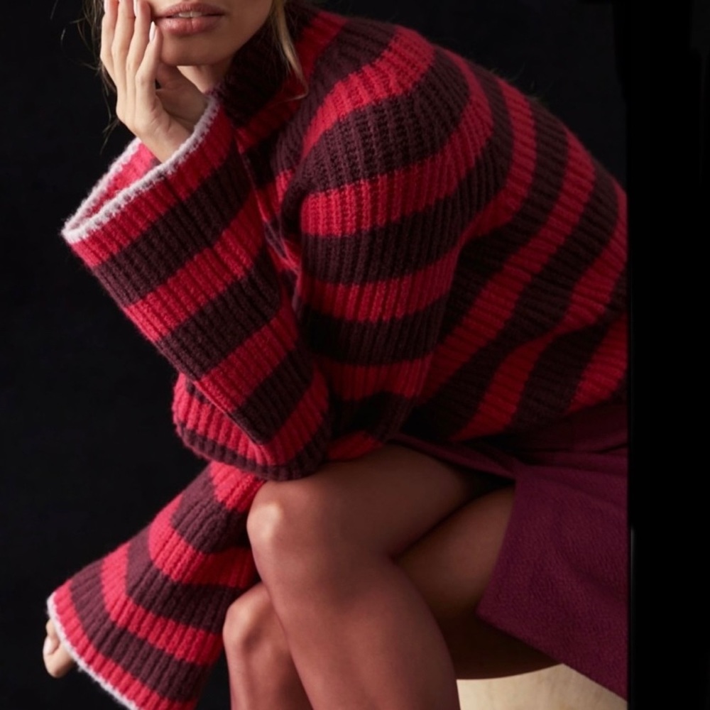 Maeve Pink and Burgundy Striped Turtleneck Sweater - Picture 2 of 15